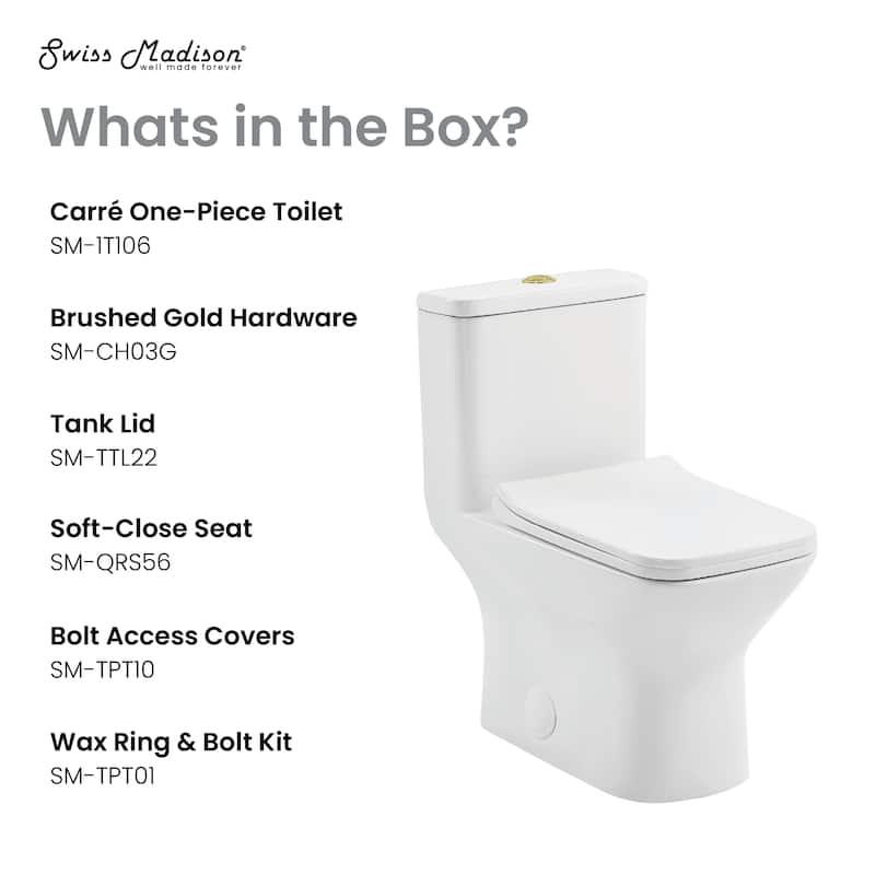 Charme One Piece Square Toilet Dual Flush, Brushed Gold Hardware 1.1/1.6 Gpf - 25.8" x 14.95" 29.95"