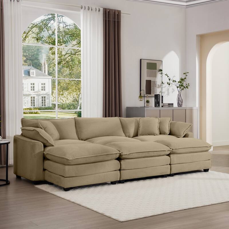 Tan Oversized Corduroy Cloud Upholstered Modular Sleeper Sofa with 3 Removable Ottoman and 5 Pillows