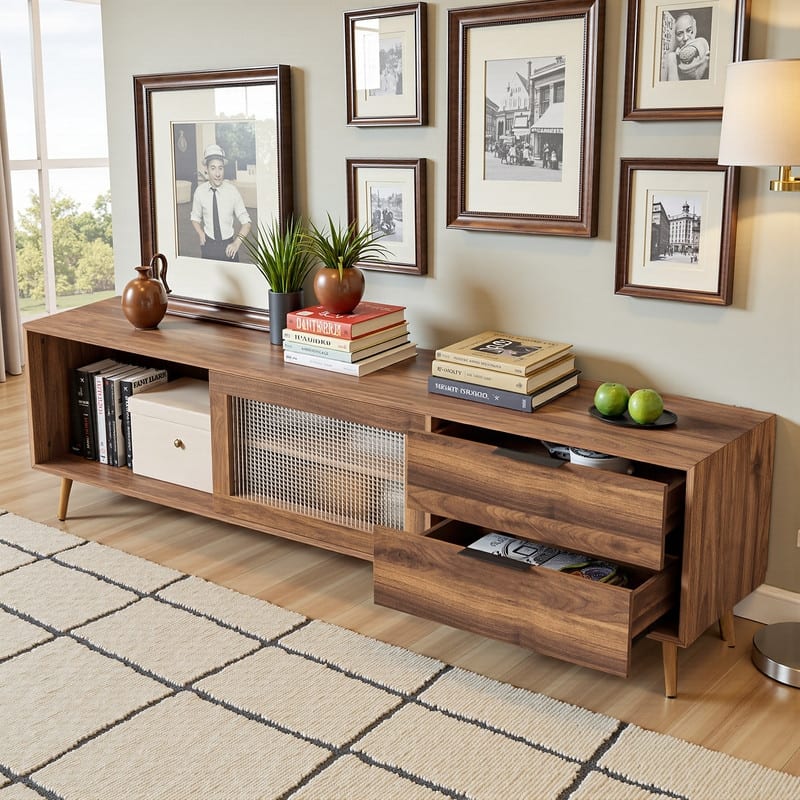Modern TV Stand for TVs Up to 75", Media Console with Glass Doors, Drawers & Storage Cabinet