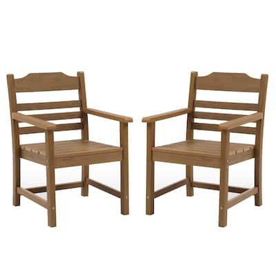 Imitation Light Teak Wood Grain Texture HIPS Outdoor Patio Dining Chair with Armrest (Set of 2)
