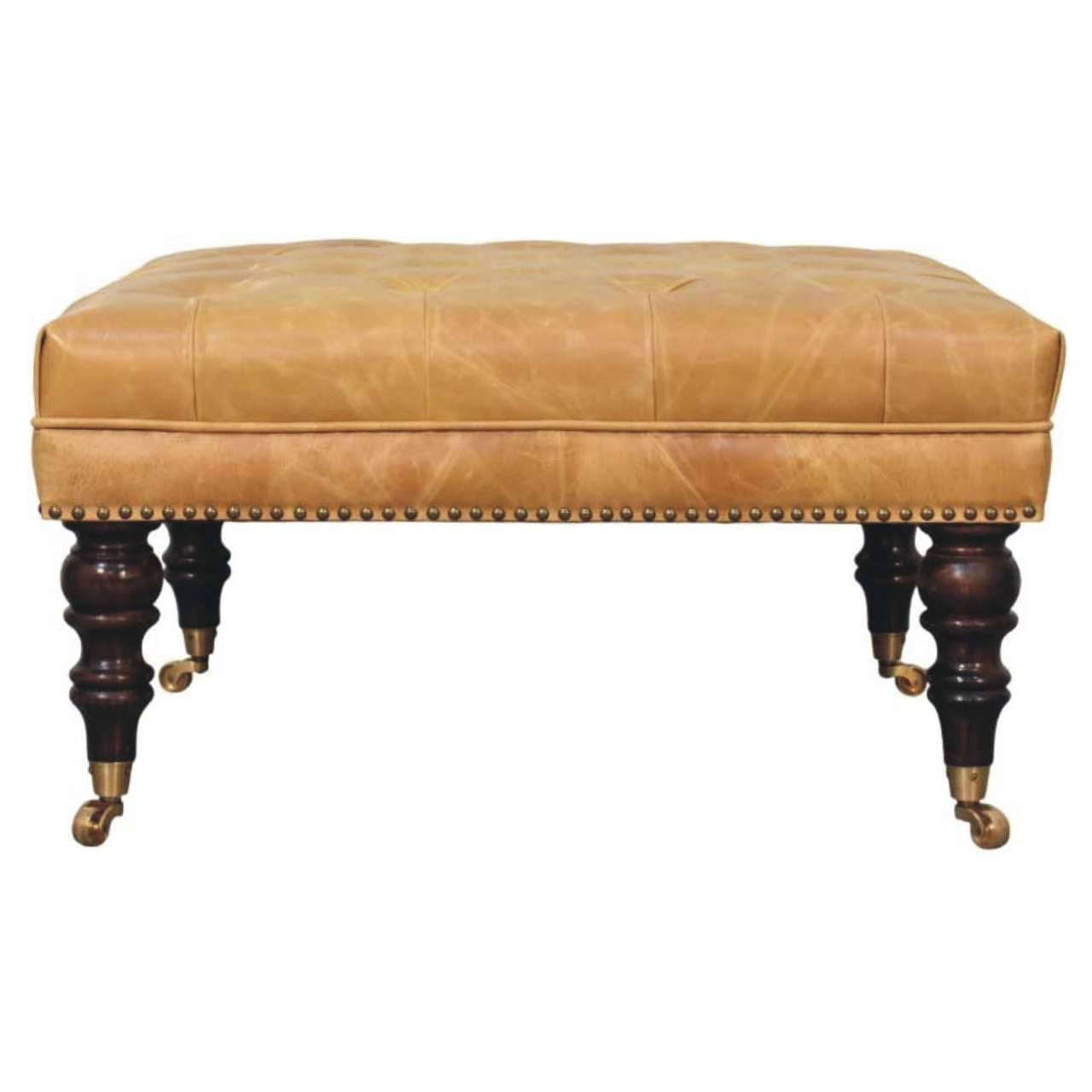 Artisan Furniture Solid Wood Tan Leather Upholstered Ottoman