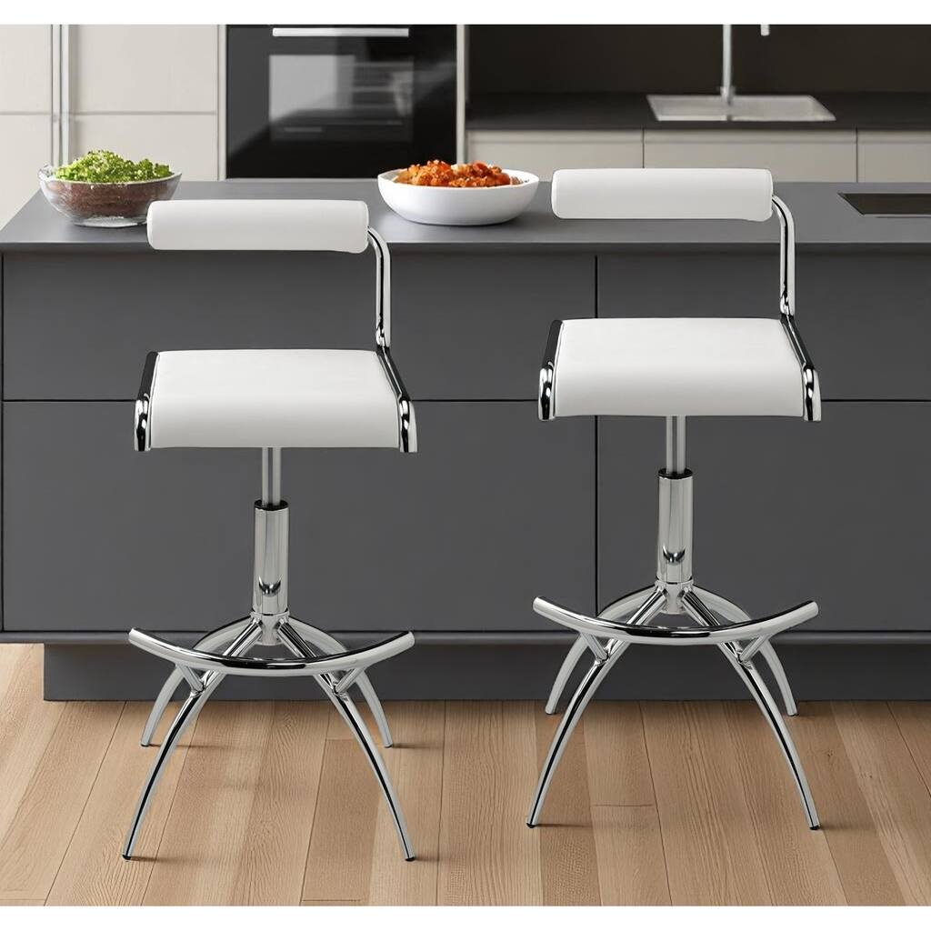 HomeRoots Set of Two White and Silver Metal and Faux Leather Low Back Adjustable Height Bar Chairs