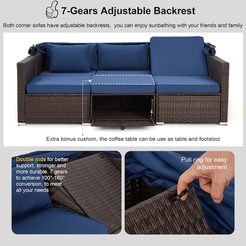 EROMMY 6-Piece Patio Furniture Set, Rattan Daybed with Canopy and Adjustable Backrest