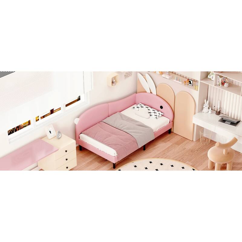 Twin Size Upholstered Rabbit-Shape Daybed with Playful Rabbit Ear Headboard, Soft Pink Sofa Bed for Kids and Teens