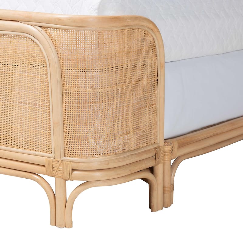 Fiore Natural Rattan Bed Frame - Handwoven Wicker Headboard and Footboard with Curved Corners, Boho Coastal Furniture, Queen
