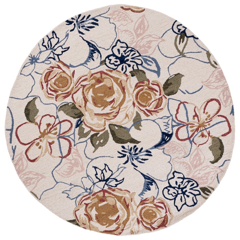 SAFAVIEH Handmade Jardin Roqhaia Floral Wool Rug - 6' Round - Ivory/Pink