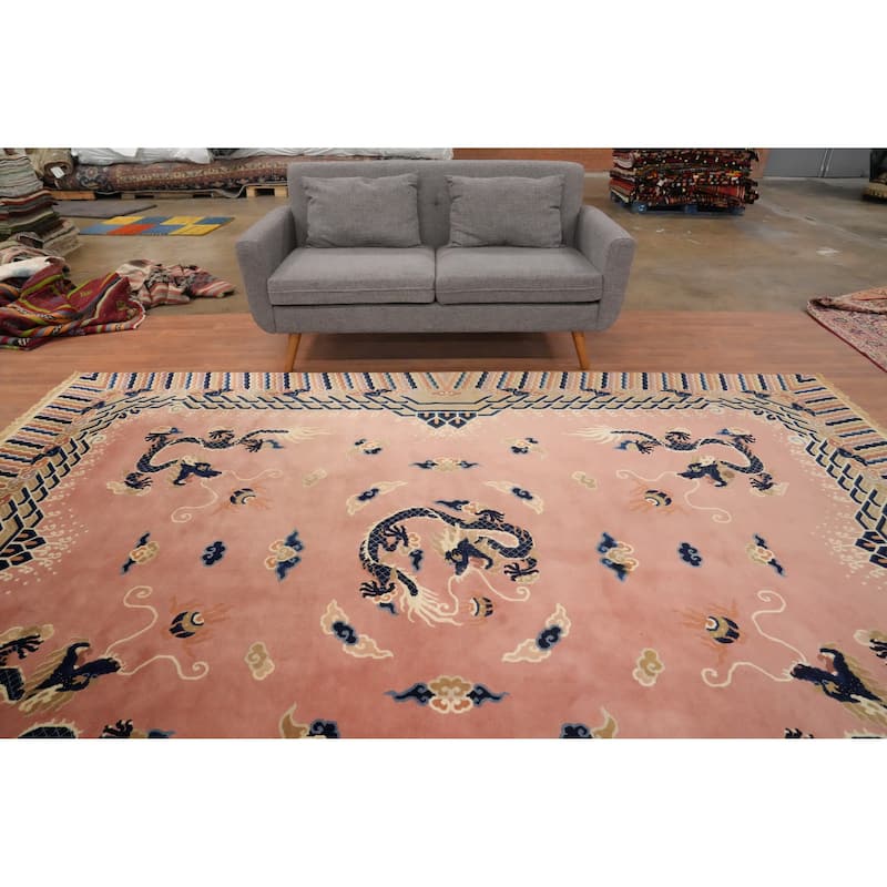 Hand Knotted Oriental 100% Wool Carpet Traditional Geometric Pink Art Deco Area Rug - 11' 1'' X 8' 0''