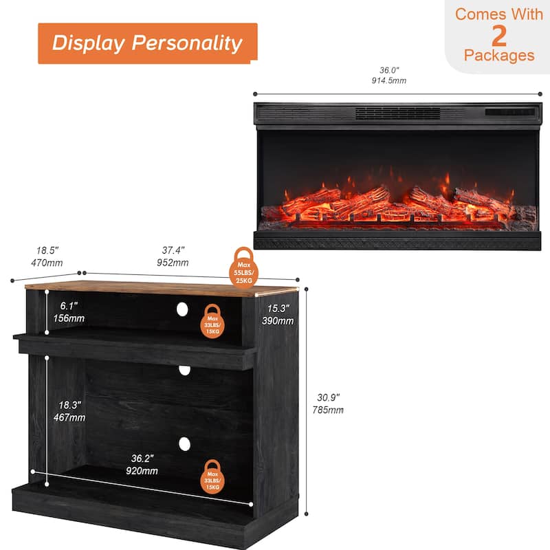 WAMPAT TV Stand with 36 inch 3 Sided Glass Electric Fireplace