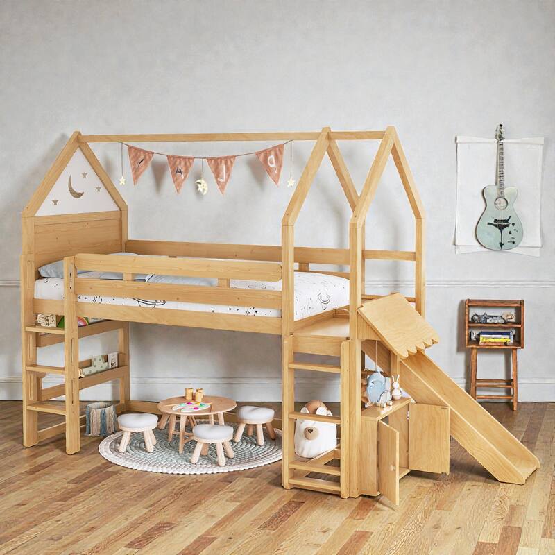 Twin Loft Bed with Slide and Bookshelf, Kids House Bed with Stairs, Safety Rails, Playful Design
