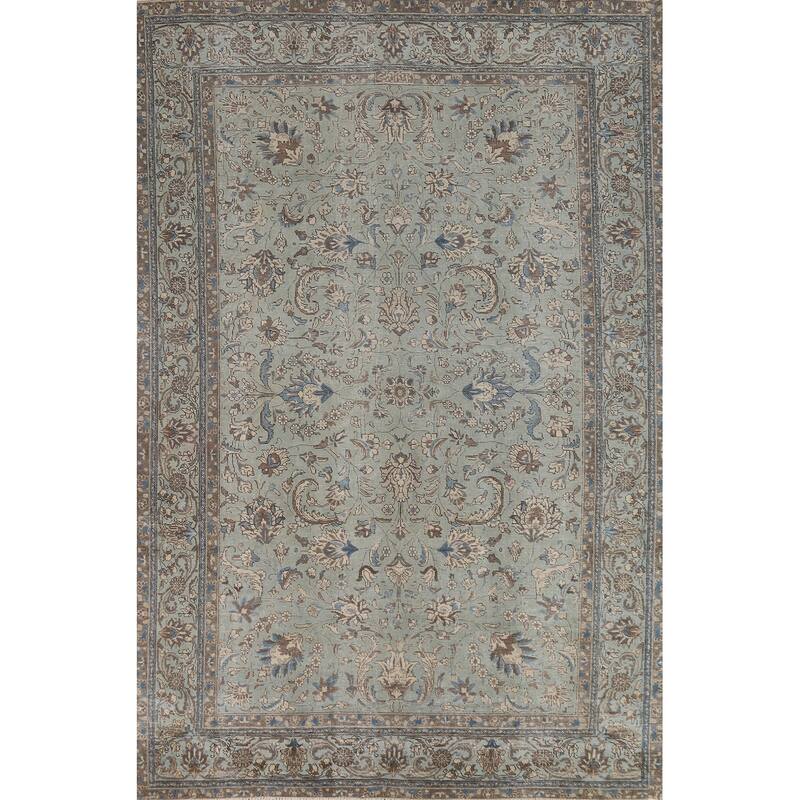 Blue Tabriz Persian Rug Hand-Knotted Distressed Floral Wool Carpet - 7'4"x 10'8"