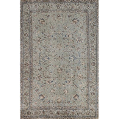 Blue Tabriz Persian Rug Hand-Knotted Distressed Floral Wool Carpet - 7'4"x 10'8"