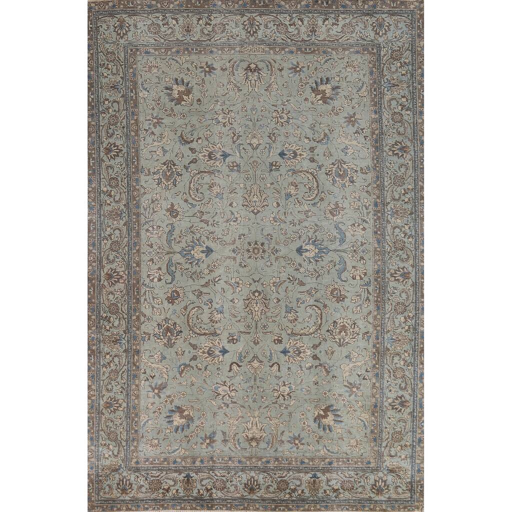 Blue Tabriz Persian Rug Hand-Knotted Distressed Floral Wool Carpet - 7'4"x 10'8"