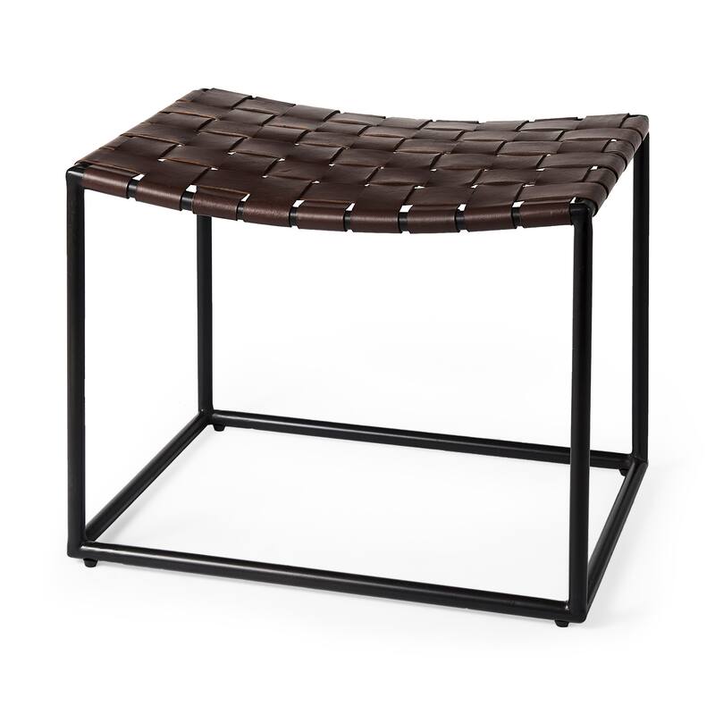 Clarissa Black Woven Genuine Leather Seat w/Gold Metal Frame Stool - 22.0L x 16.0W x 16.5H - Brown Seat & Black Frame
