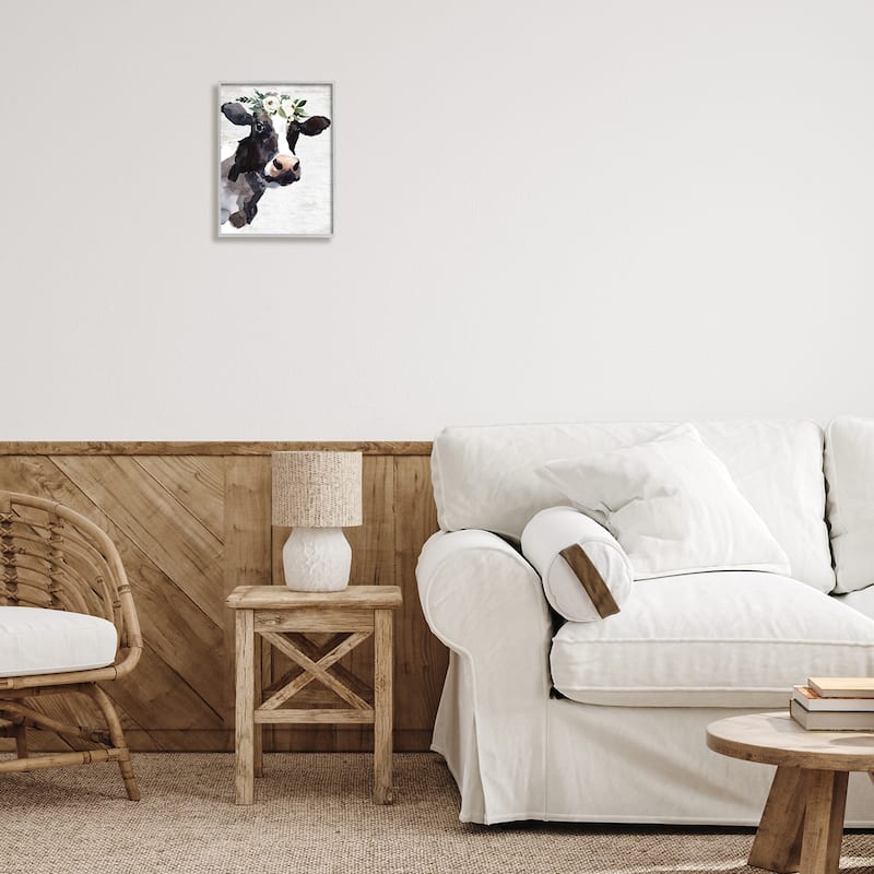 Stupell Dairy Farm Cow Boho Floral Crown Charming Animal Framed Wall Art