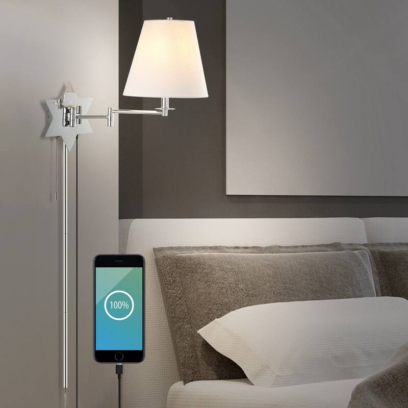 Antler 18.5" 1-Light Modern Swing Arm Plug-In or Hardwired LED Star Sconce with Pull-Chain and USB Charging Port by JONATHAN Y