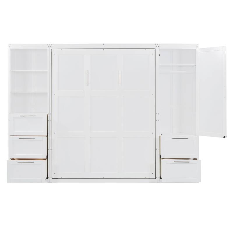 Queen Size Murphy Wall Bed with Built-In Closet, Drawers, and Shelves, Space-Saving Design