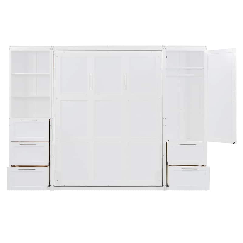White Queen Size Murphy Bed with Closet, Drawers, and Shelves