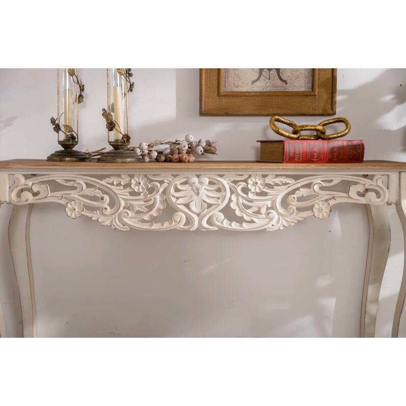Antique White Console Table with Carved Details, Distressed Console Table,Entry Table with Wood Carvings and Curved Legs
