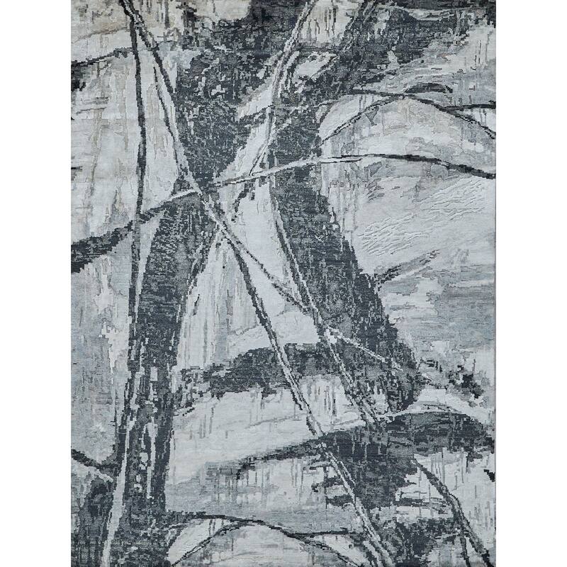 EXQUISITE RUGS Floor Art Hand-knotted Bamboo Silk Silvery/Dark Grey Area Rug.