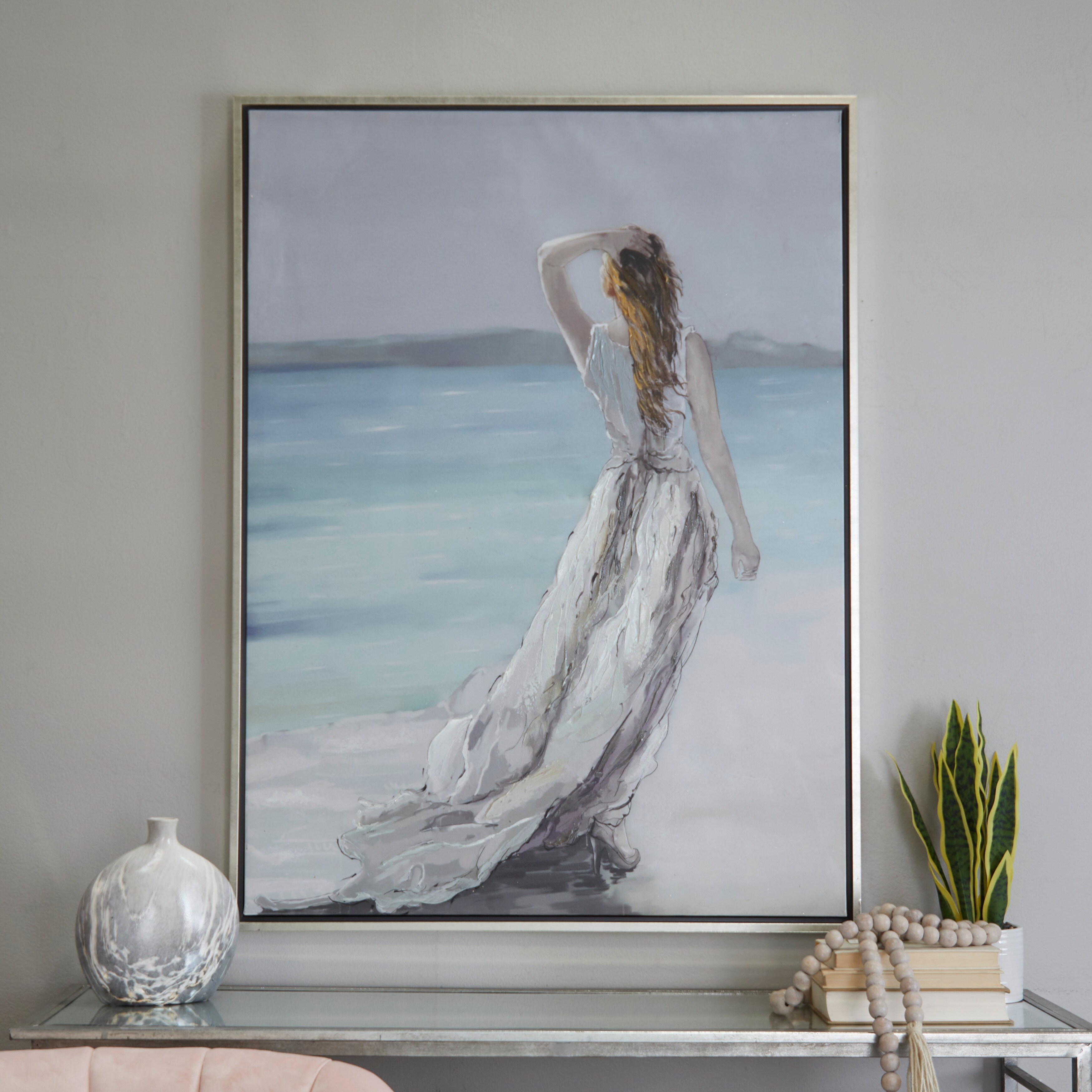 Canvas Landscape Women Framed Wall Art with Silver Frame - White