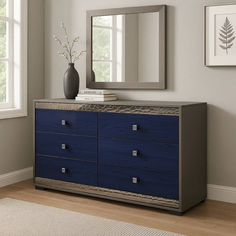 Cote 6 Drawer Dresser, Ash Gray, Indigo Blue Solid Wood, Chrome