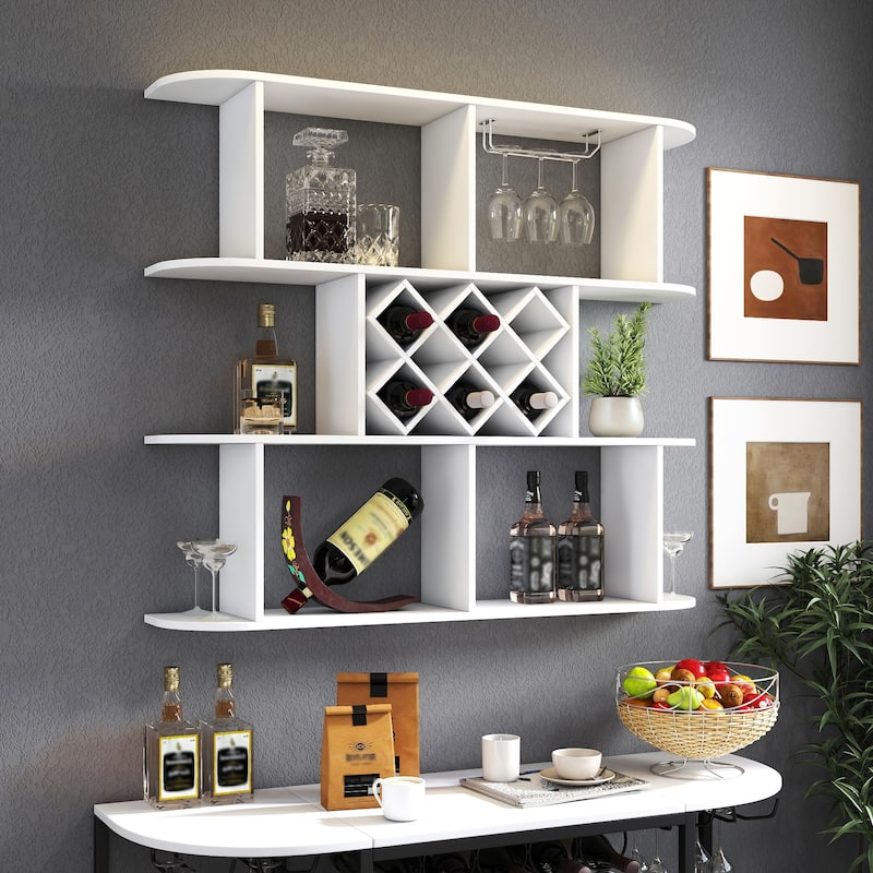 Large Wall Mounted 3 Tier Wine Rack, Storage Rack with Wine Glass Holder - White