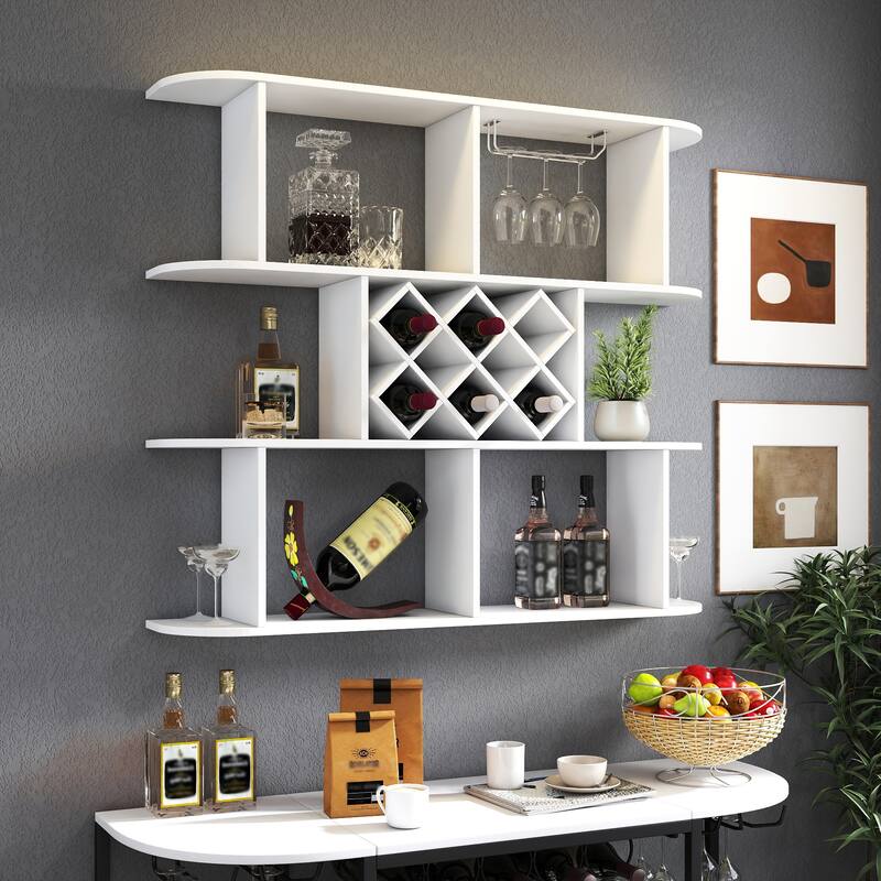 Roomfitters Wall-Mounted Wine Rack with Glass Holder, 3-Tier Wooden Bottle Storage Shelf for Home Bar or Dining Room