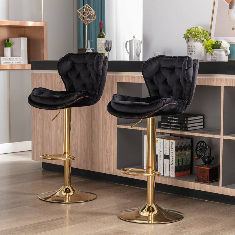 2 Velvet Bar Stools with Chrome Footrest and Base Swivel Height Adjustable - N/A