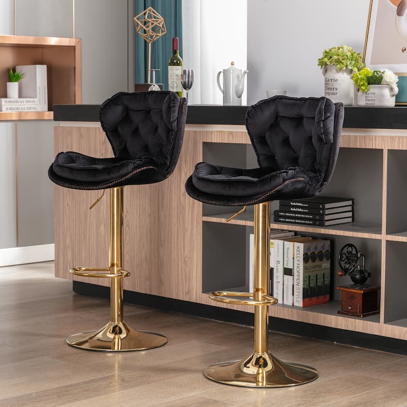Swivel Height Adjustable Velvet Bar Stools Set of 2,with Golden Footrest and Base - Black