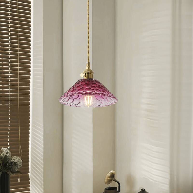 Vintage Glass Pendant Light Purple Red Shade Metal Hanging Lamp Ceiling Fixture - N/A