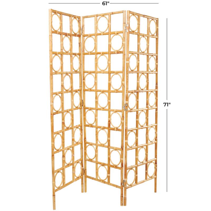 Brown Rattan Handmade Woven Geometric 3 Panel Geometric Partition Room Divider Screen with Open Frame Design