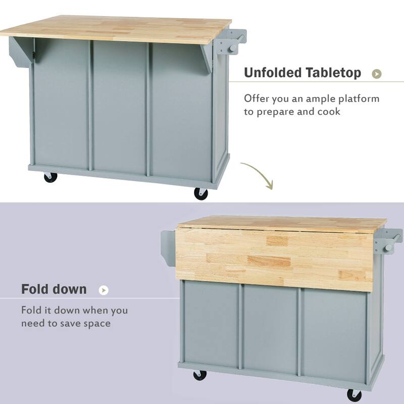 Kitchen Island on 5 Wheels with Storage Cabinet and 3 Drawers
