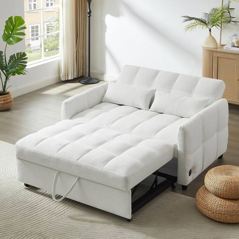 52.8" Convertible Loveseat Sofa Bed with Adjustable Backrest, USB Ports, Tufted Design, Chenille Upholstery, Beige
