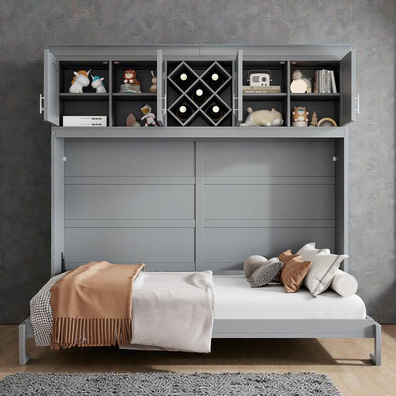 Queen Murphy Bed with Upper Cabinets and Wine Rack, Space-Saving Foldable Wall Bed with Slats