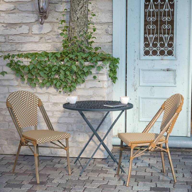 2 Pack All-Weather Commercial Paris Chairs with Bamboo Print Frame - 18.5"W x 22"D x 34.25"H - Natural & White/Light Natural Frame
