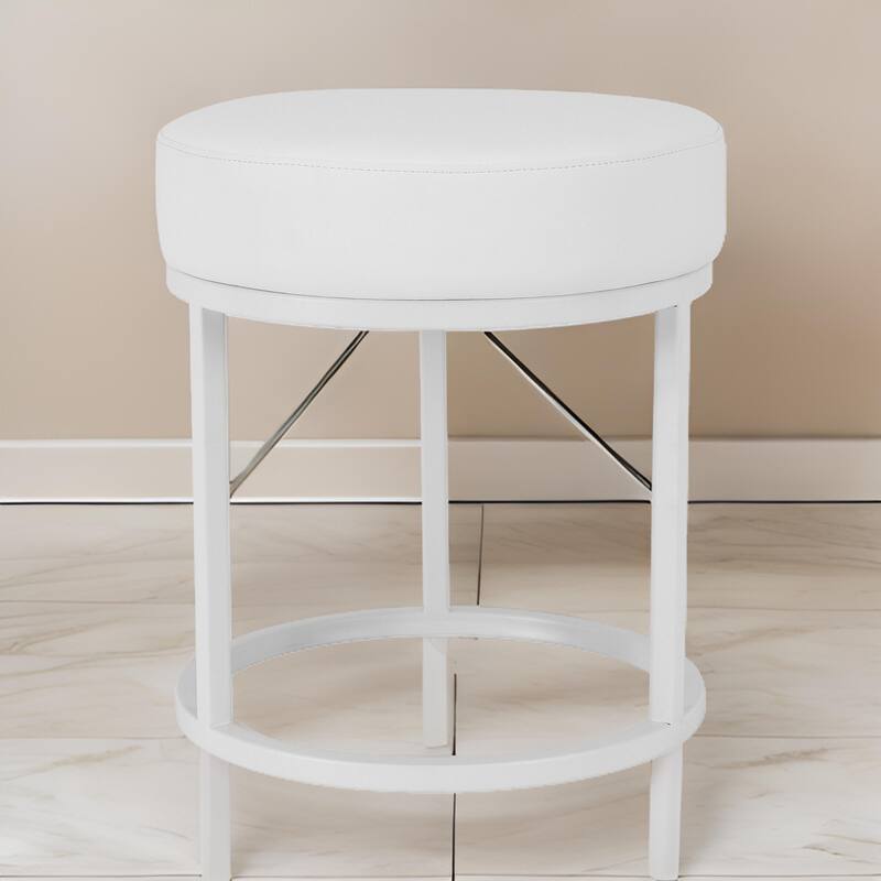 Tane 18 Inch Modern Accent Stool, Round Padded White Faux Leather Seat