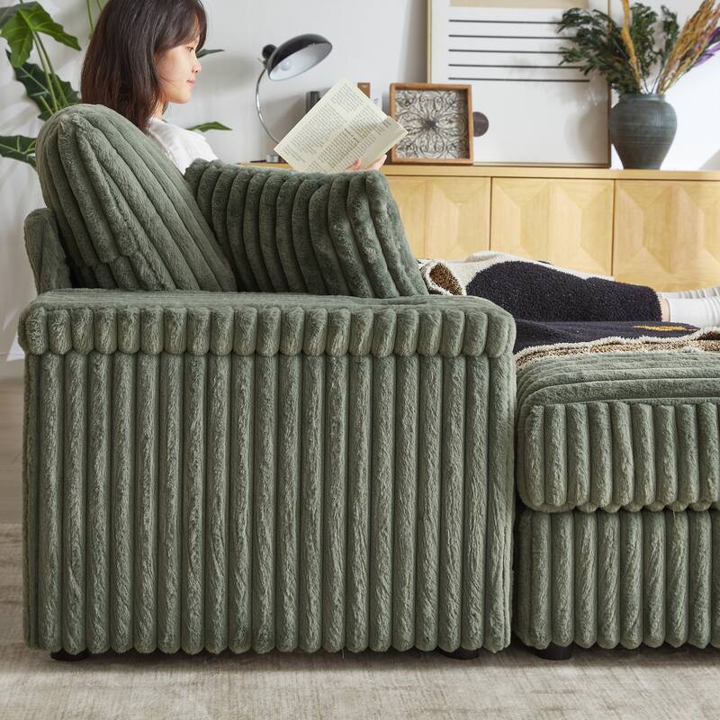84" Corduroy 3-Seater Sofa with Storage, Ottoman and Cup Holders, Includes 5 Pillows
