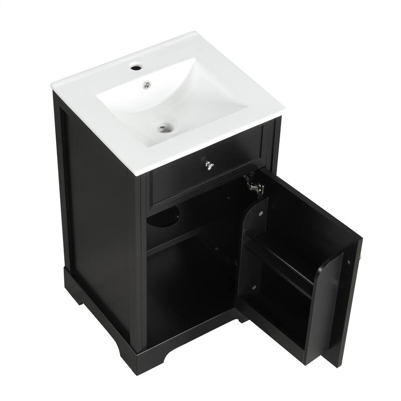 Storage Cabinet Bathroom Vanity with Ceramic Sink, Soft Closing Door, Door Rack and Adjustable Shelf - Ready to Assemble