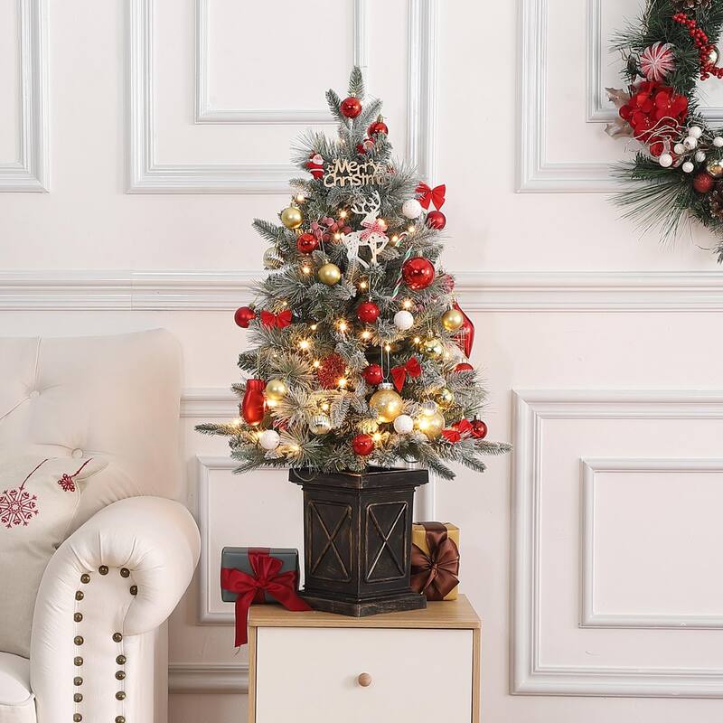 4.5 Ft Artificial Christmas Tree with 200 Warm White LED Lights and Red Berries Potted Base Holiday Xmas Tree