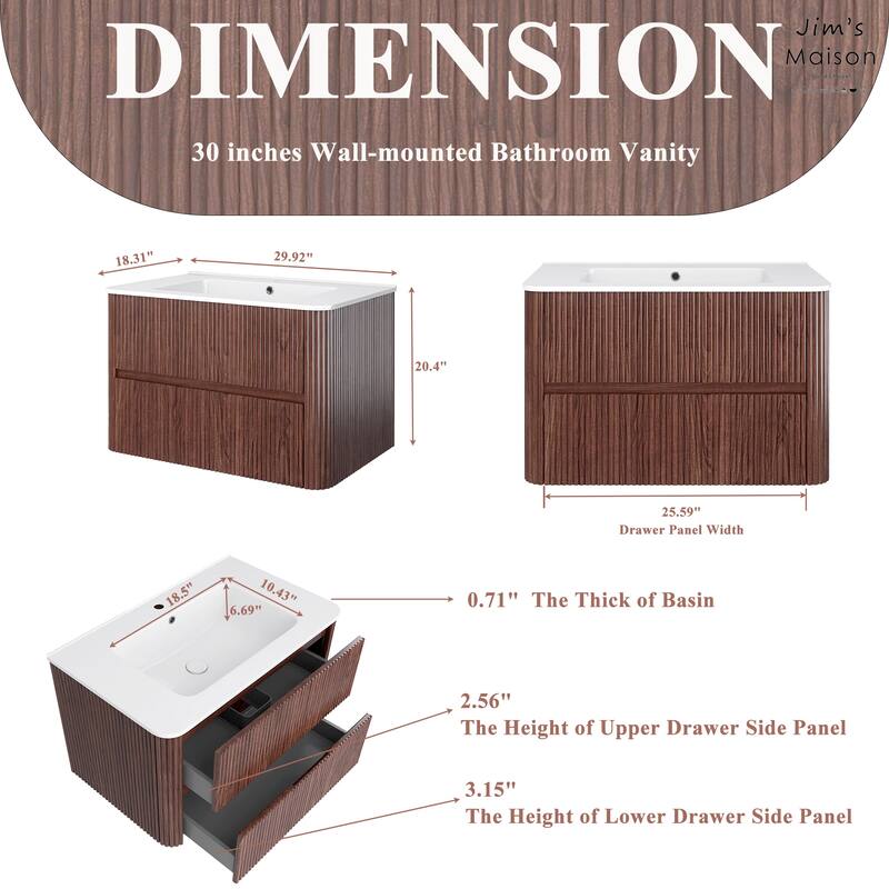 Wall-Mounted Bathroom Vanity in Walnut with Integrated White Ceramic Sink