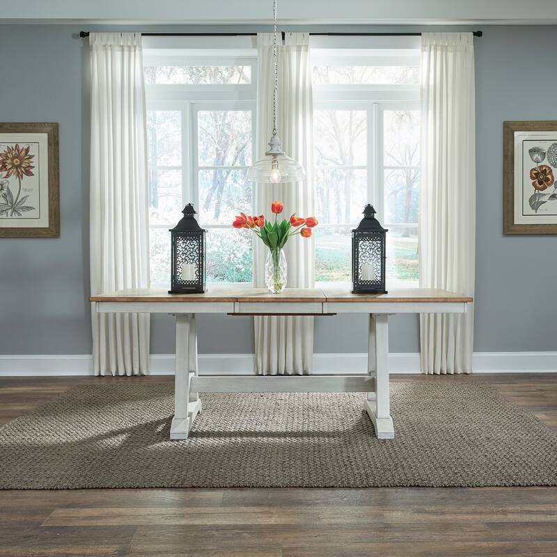 Lindsey Farm Weathered White & Sandstone 7 Piece Trestle Table Set
