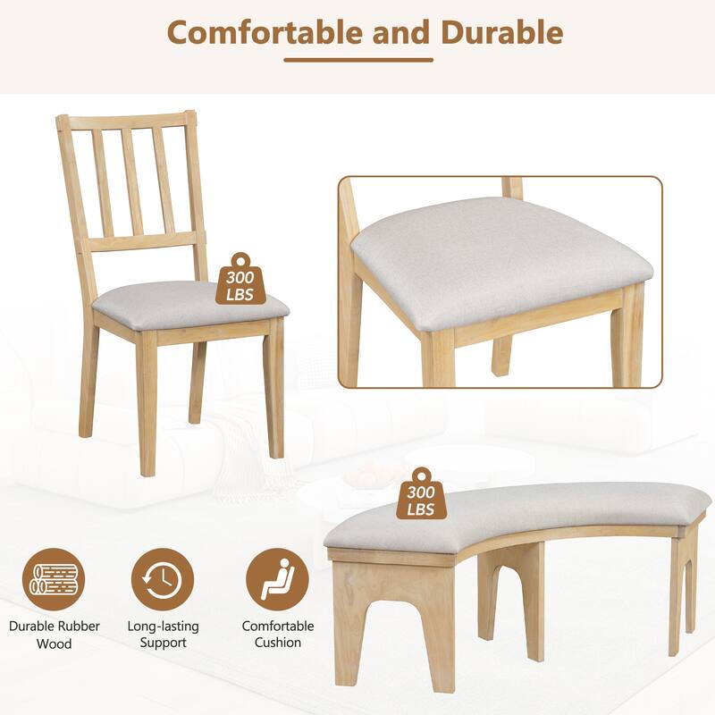 5-Piece Rustic Dining Set with Round Table, 3 Chairs & Bench