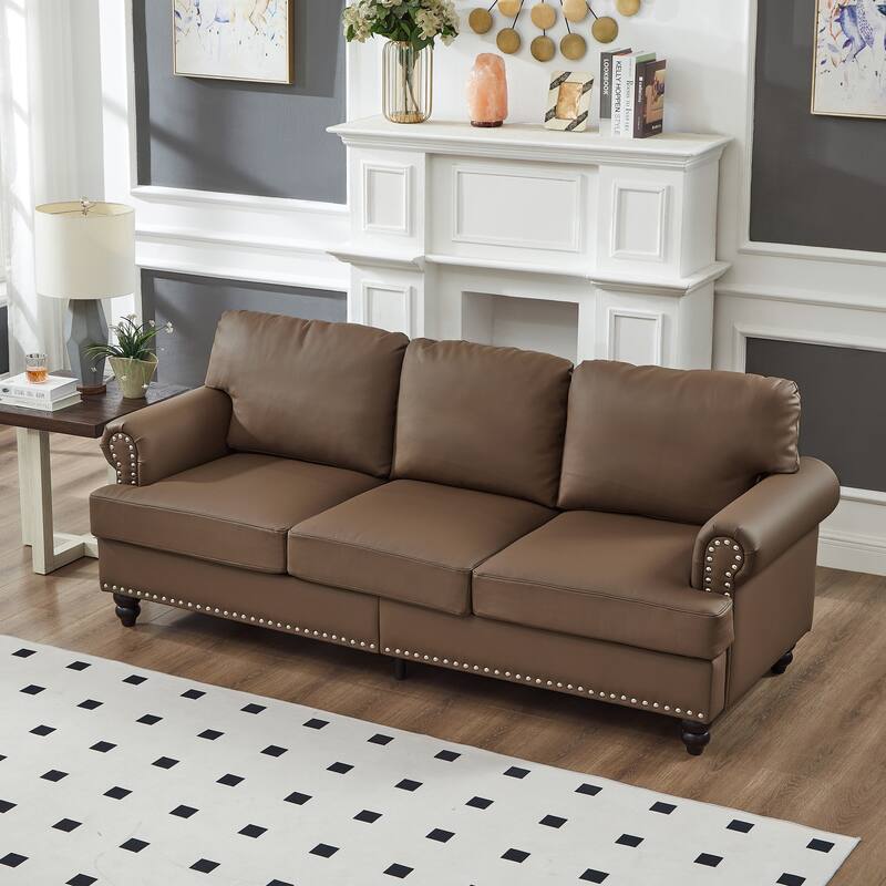 3 Seater Lounge Couch Imitation Cowhide Leather Deep Seat Sofa with Hidden Storage, Round Armrests with Silver Nailhead Trim
