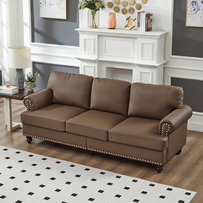 83" Classic Leather Sofa - 3-Seater Genuine-Look Cowhide Couch with Nailhead Trim, Durable Faux Leather Upholstery - Brown