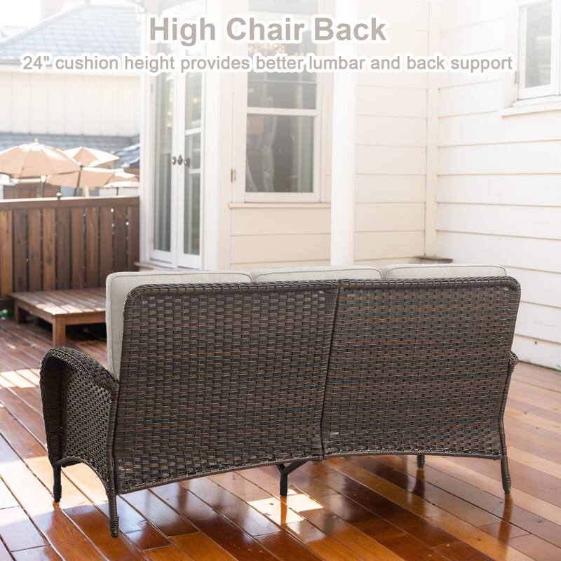 PlainCurve 7-Piece Brown Wicker Patio Fire Pit Sofa Seating Set with Olefin Cushions