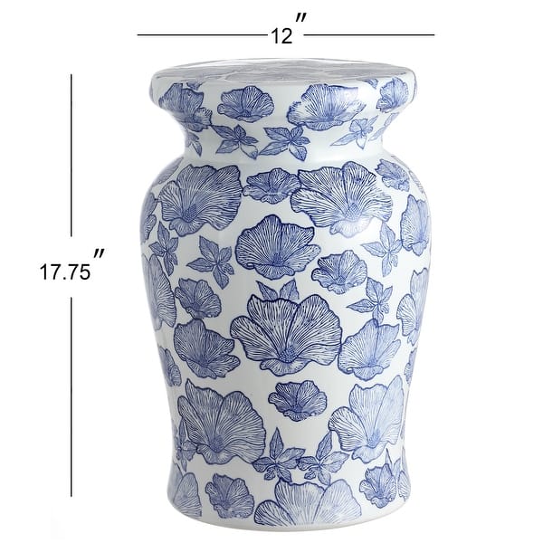 Poppies Traditional Floral Chinoiserie Ceramic Drum Garden Stool, Pierced Indoor/Outdoor Patio Seat Side Table
