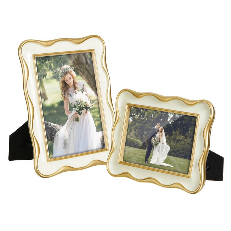 Glitzhome Set of 2 Vintage White Gold Wavy Resin 4x6 & 5x7 Tabletop or Wall Picture Frames