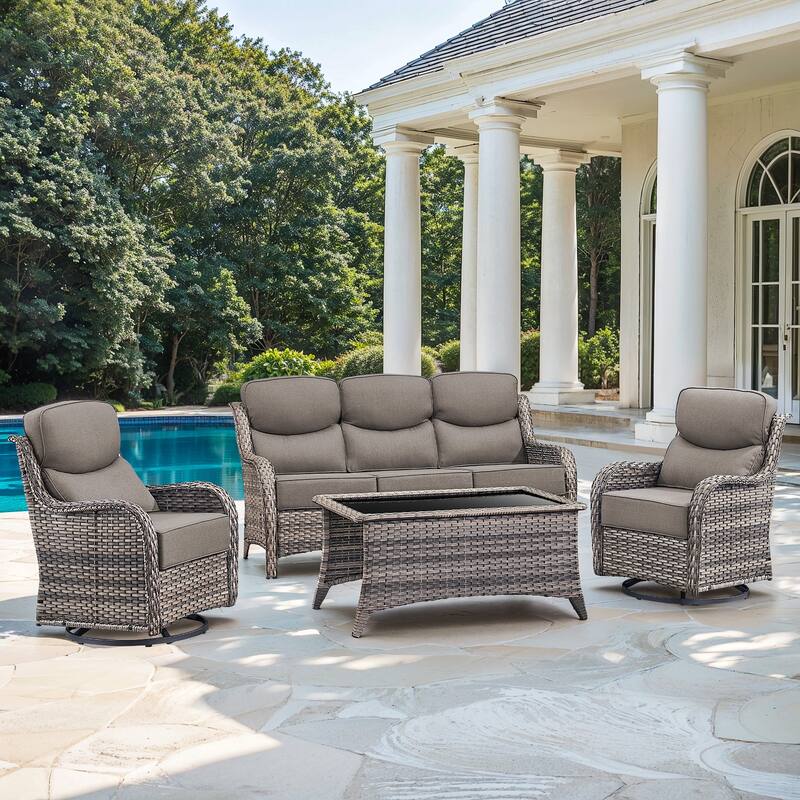 Gymojoy 4-Piece Patio Furniture Set with Swivel Glider Chairs, 6-Inch Ultra-Plush Cushions & Water-Resistant Olefin Fabric - Grey Wicker / Grey Cusion - 4-Piece