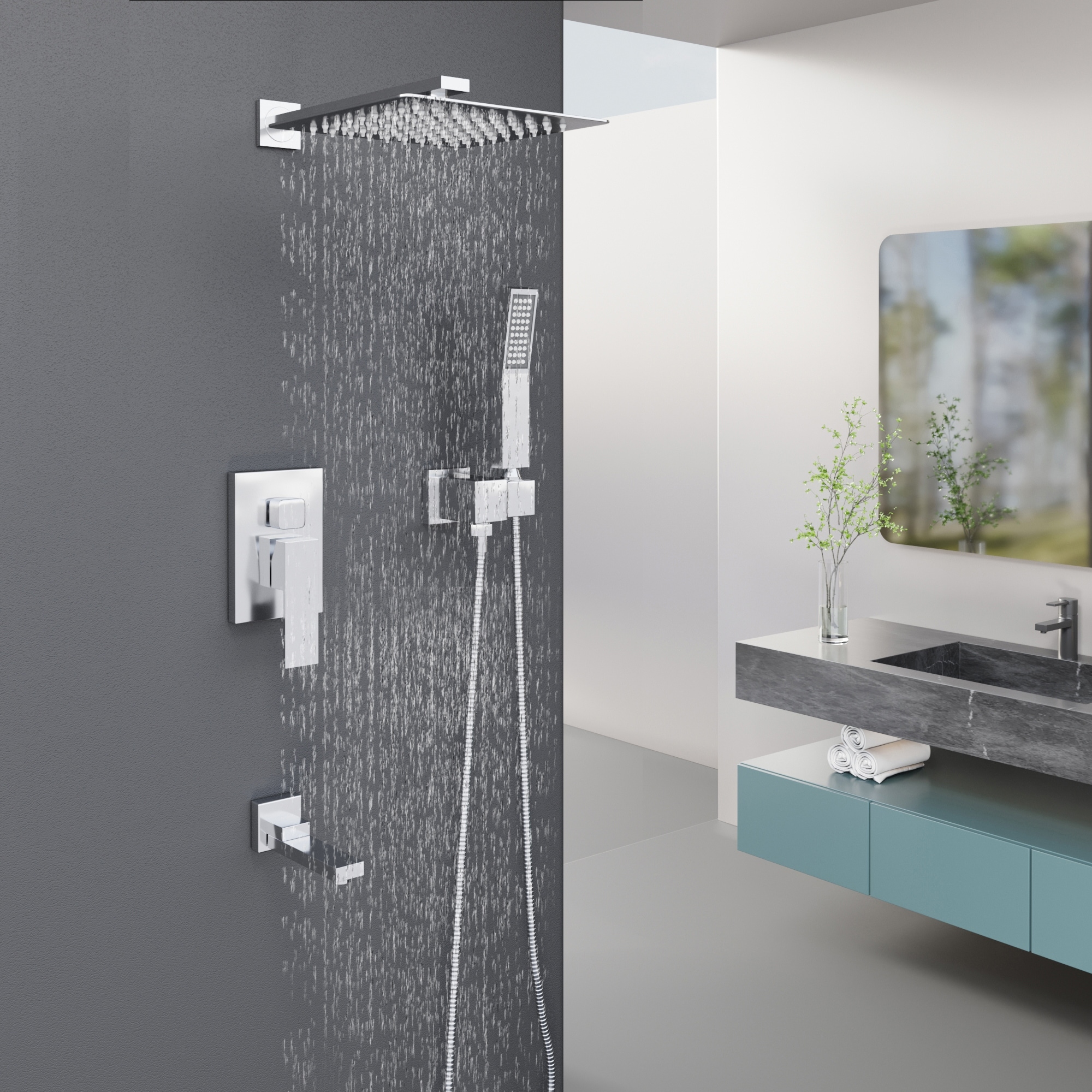 16'' Rain Shower Faucet Set Wall Mount Shower Head System Hand Mixer Tap Chrome 