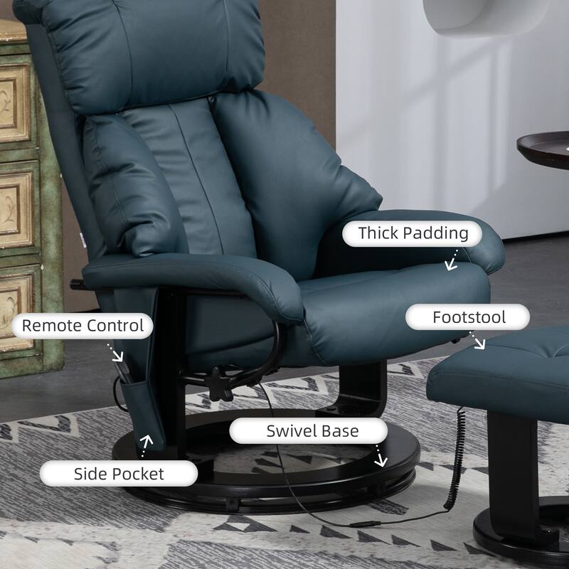 PU Leather Vibration Massage Recliners , with Footrest and Side Pockets, Manual Tilt Backrest Adjustment and 360° Rotating Base